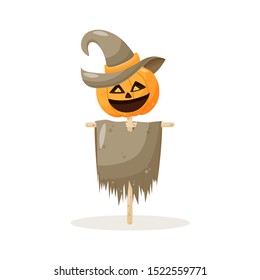 Scarecrow with pumpkin head in a witch hat and rags. Cartoon pumpkin head with hands. vector illustration