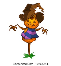 Scarecrow with pumpkin head in a witch hat. Cartoon style. Vector isolated