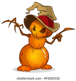 Scarecrow with pumpkin head in a witch hat and rags. Cartoon style pumpkin head with hands. Vector isolated