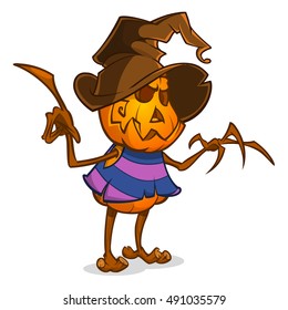 Scarecrow with pumpkin head in a witch hat and rags. Cartoon style pumpkin head with hands. Vector isolated