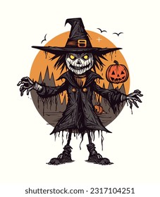 Scarecrow pumpkin illustration A whimsical and charming hand drawn design capturing the essence of autumn, harvest, and Halloween