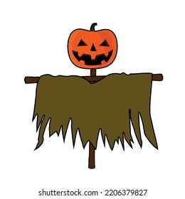 calabaza de espantapájaros jack o cabeza de linterna sobre paja de espiga hombre mannequin cultivo guardian lindo dibujo vectorial arte Halloween truco o fiesta de celebración festiva   