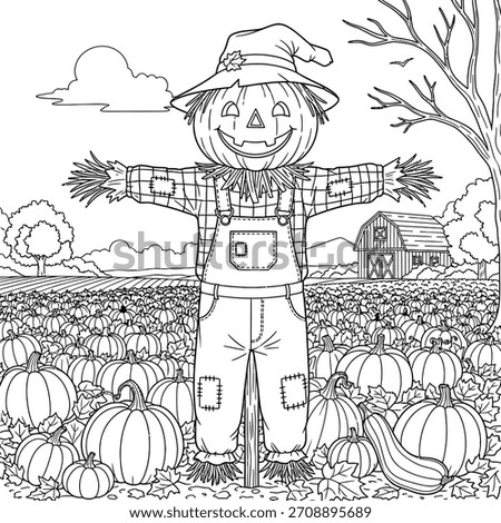 Scarecrow in Pumpkin Patch Autumn Coloring Page for Kids