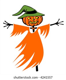 Scarecrow a pumpkin in a red tatter and a green hat.