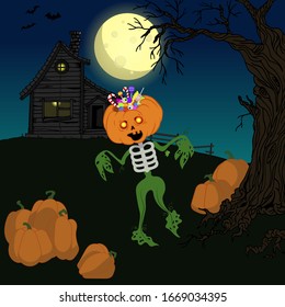 Scarecrow pumpkin skeleton with sweets and scary candies on a background of a haunted house and a full moon. Halloween night vector illustration.
