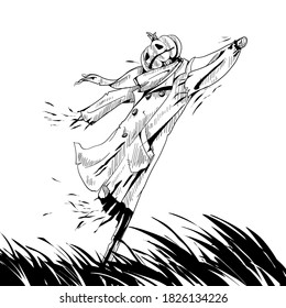 Scarecrow with a pumpkin. Vector black and white illustration for halloween