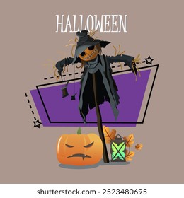 Scarecrow, pumpkin and vintage lantern on abstract background. Halloween lettering. Typed text, calligraphy. Celebration, party, holiday concept. Vector illustration for invitation or banner design