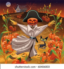 Scarecrow with pumpkins. Funny cartoon and vector illustration. Isolated objects