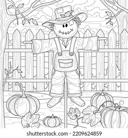 
Scarecrow and pumpkins in the garden.Coloring book antistress for children and adults. Illustration isolated on white background.Zen-tangle style. Hand draw