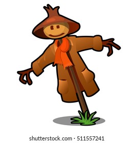 Scarecrow in the red scarf and brown hat isolated on white background. Vector illustration.