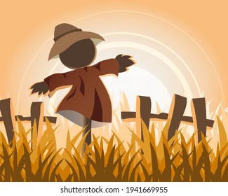 Scarecrow And Rice Field With Sunset Landscape