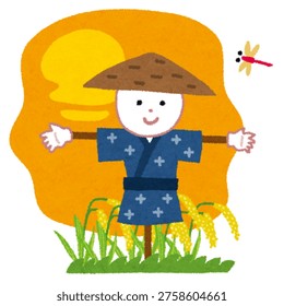 Scarecrow in a rice field at sunset, warm rural landscape illustration with peaceful golden sky