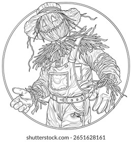 Scarecrow in a round frame.Coloring book antistress for children and adults. Illustration isolated on white background.Zen-tangle style. Hand draw