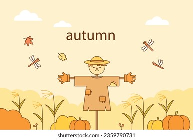 A scarecrow in a rural pumpkin patch and dragonflies in the autumn sky. outline simple vector illustration.