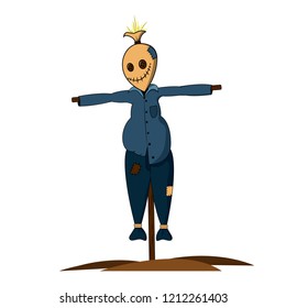 Scarecrow. Scary character made of straw and old clothes with a scary face. Vector illustration for Halloween in October, prints, flyers and websites.