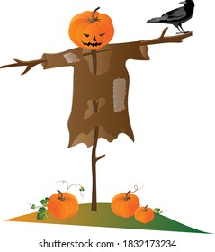 Scarecrow with scary head of pumpkin and a crow sitting on it - the Halloween symbol. Vector illustration for festive design.