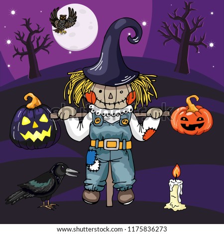 Scarecrow Scary Night Scenehalloween Theme Vector Hand Scarecrow Scary Night Scenehalloween Theme Vector Hand