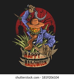 scarecrow with scythe illustration vector graphic