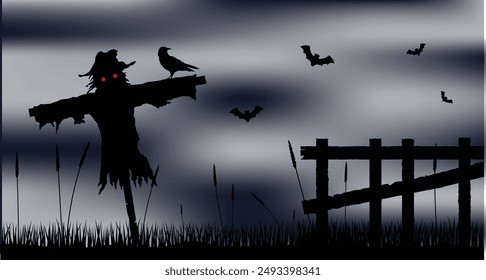 Scarecrow Silhouette in the Field with the Fence at Night. National seasonal holiday concept vector