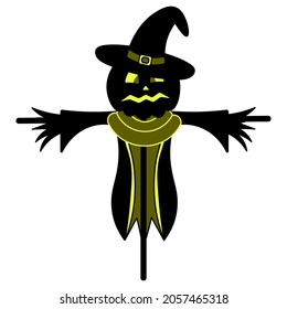 Scarecrow. Silhouette. Scare birds away. Pumpkin on the head. Frightened facial expression with shining eyes. A scarecrow in rags, a hat and a collar. A frightened grimace. Vector illustration. 