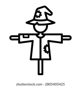 Scarecrow simple black outline icon, garden guardian, farm protection, agricultural symbol, autumn harvest.