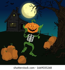 Scarecrow skeleton of a funny pumpkin with arms and legs in the form of leaves on a background of a haunted house and a full moon. Halloween night vector illustration.