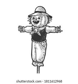 scarecrow sketch engraving vector illustration. T-shirt apparel print design. Scratch board imitation. Black and white hand drawn image.
