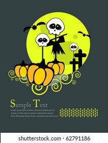 Scarecrow from the skulls to the cemetery, where there are pumpkins. Background as a full moon with bats Illustration