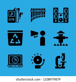 scarecrow, sound system, alarm, microscope, promoting, music player, panpipe, recycle bin and laptop vector icon. Simple icons set