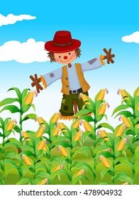 Scarecrow standing in corn field illustration