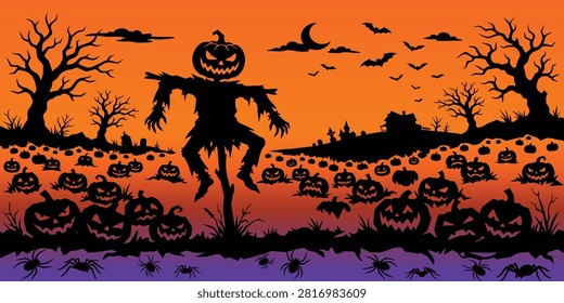 Scarecrow standing in pumpkin patch with halloween lanterns and spooky trees