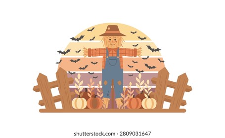 Scarecrow standing in a vegetable patch behind a wooden fence against a sunset sky with many bats for rural harvest concepts.