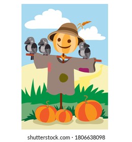 the scarecrow stands in the garden and guards the pumpkin, crows are sitting on his hands, vector illustration, eps