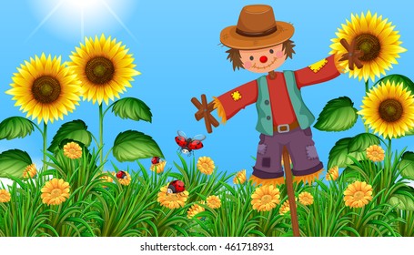 Scarecrow in the sunflower field illustration