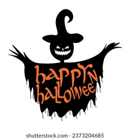 Scarecrow with text HAPPY HALLOWEEN on white background