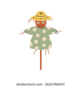 Scarecrow vector Illustration. Happy smiling Farm Stuffed character in polka dot dress and straw hat on pole stick. Rustic decorative element.