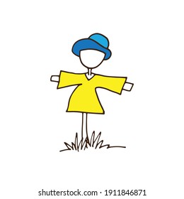the scarecrow vector illustration on white background. scarecrow white yellow shirt and blue hat. the scarecrow is usually placed in the middle of the field. hand drawn vector. agriculture symbol.