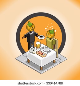 Scarecrow waiter serves a pumpkin head customer with a spider on a plate; table decorated with severed hand and skull with candle on top (isometric illustration)
