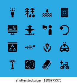 scarecrow, water, desk lamp, band aid, bike, television, electric car, trumpet and recycle bin vector icon. Simple icons set