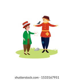scarecrow with wizard characters fairytale vector illustration design