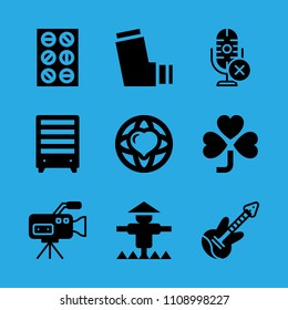 scarecrow, world peace, clover, microphone, bookshelf, electric guitar, tablets, video camera and inhaler vector icon. Simple icons set
