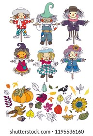 Scarecrows and autumn things. Set of characters and icons. Vector hand drawn illustrations
