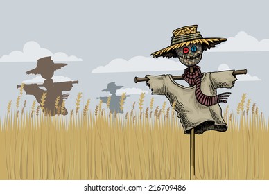 Scarecrows in the field, vector illustration