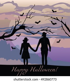 Scarecrows silhouette at sunset. Halloween Autumn background Vector