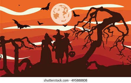 Scarecrows silhouette at sunset. Halloween background Vector