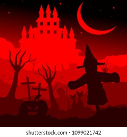 scarecrow,two cats in love sitting with dry tree and crescent moon at night,lover couple,cartoon style,halloween concept,animals vector.