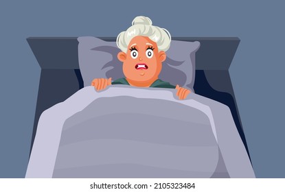 
Scared Adult Woman Awake from a Nightmare Vector Cartoon Illustration. Terrified middle-aged lady trying to sleep suffering from bad dreams and insomnia
