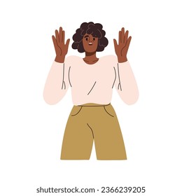 Temerosa asustada conmocionó a la mujer mirando algo con miedo, emociones asustadas. Persona con temerosa expresión de cara asustada, gesto de mano. Ilustración vectorial gráfica plana aislada en fondo blanco