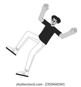 Scared african american man falls flat line black white vector character. Editable outline full body guy in sunglasses. Simple cartoon isolated spot illustration for web graphic design