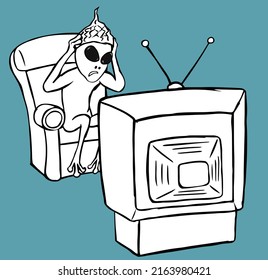 Scared alien with a foil cap watching tv. Black and white vector illustration.